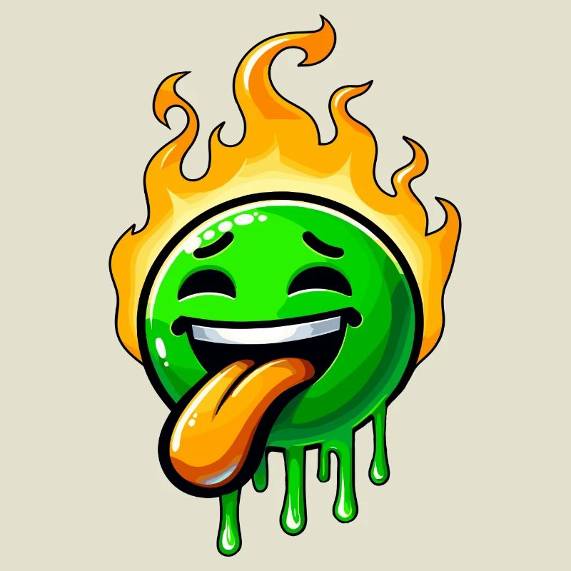 Drôle de smiley vert avec du feu