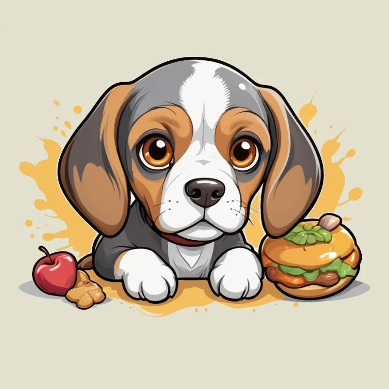 Kleiner Beagle Welpe mit Apfel und Burger