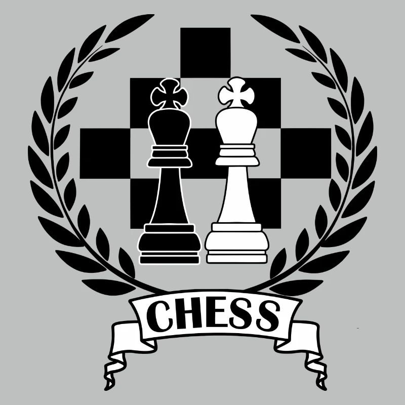 Schachfiguren im Lorbeerkranz mit Text CHESS
