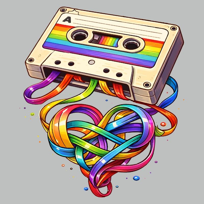 Retro Kassette mit Regenbogen Herzband