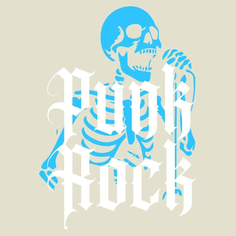 Lebendiges Skelett mit Gothic-Punk-Rock-Text