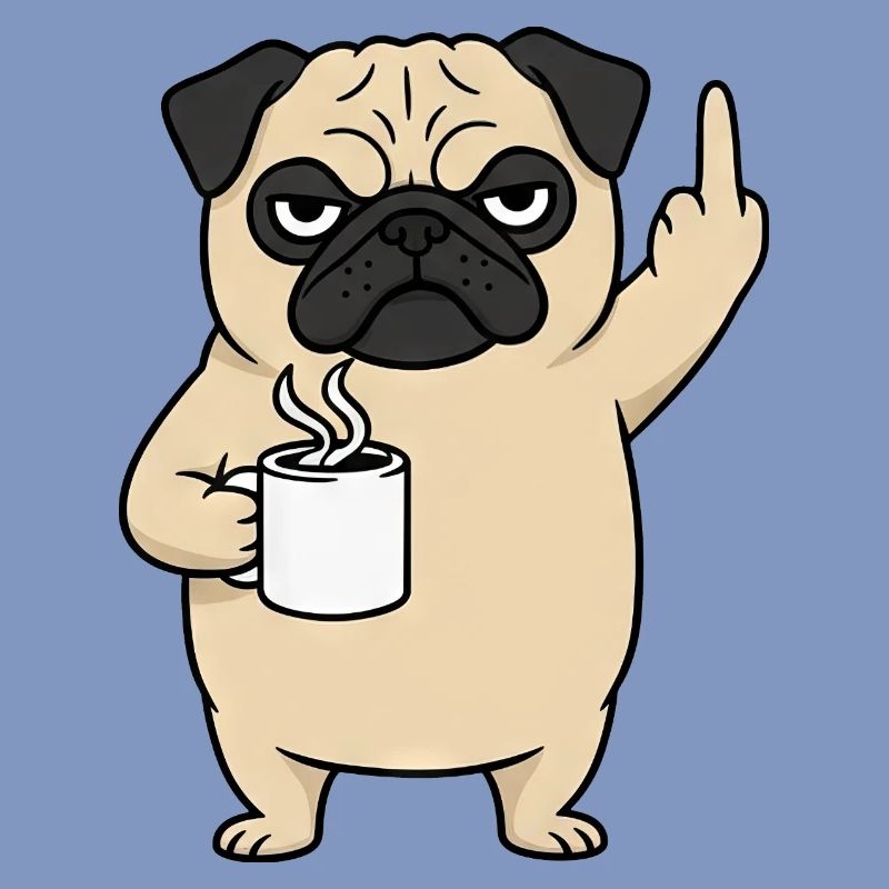 Genervter Mops mit Kaffee Mittelfinger Cartoon