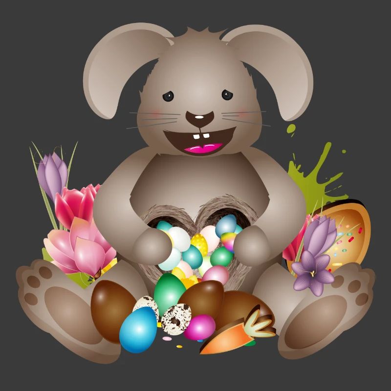 laughing Easter with Easter nest full of Easter eggs