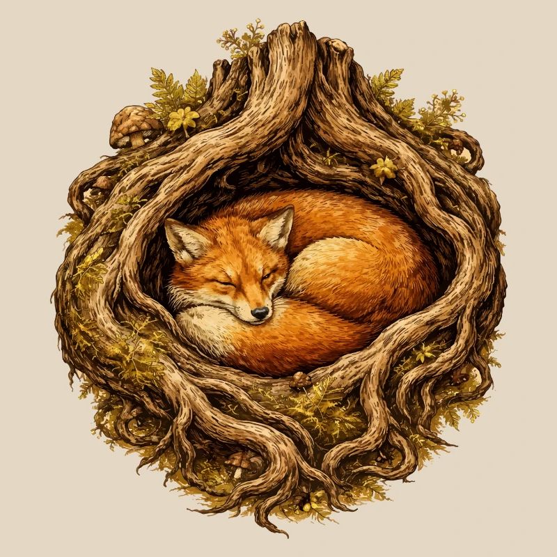 Sleeping fox in the root structure – forest motif