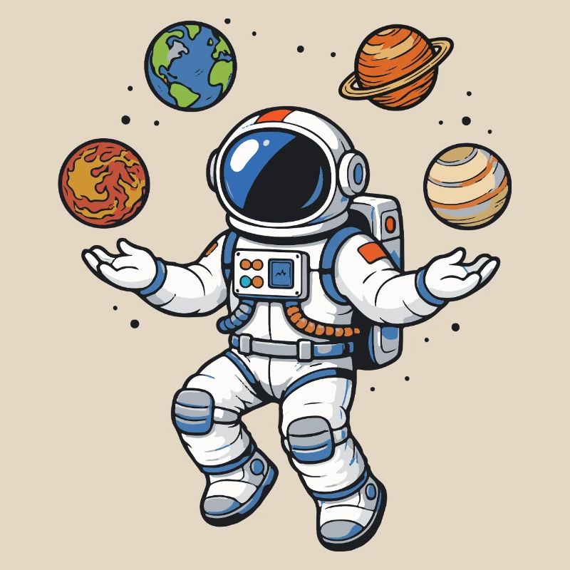 Schwebender Astronaut mit Planeten im Comic Stil