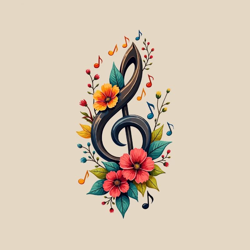 Clé de sol avec des notes colorées et des fleurs
