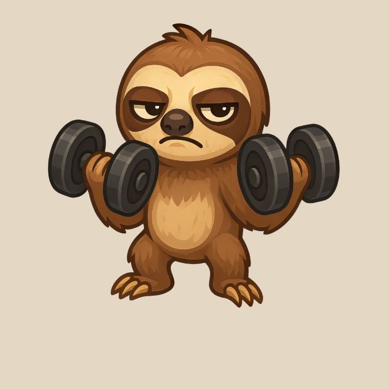 Grumpy sloth with dumbbell fitness biceps