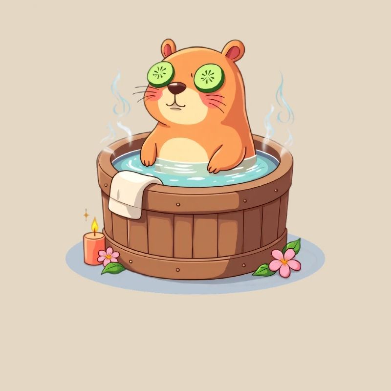 Capybara dans le bain avec des tranches de concombre