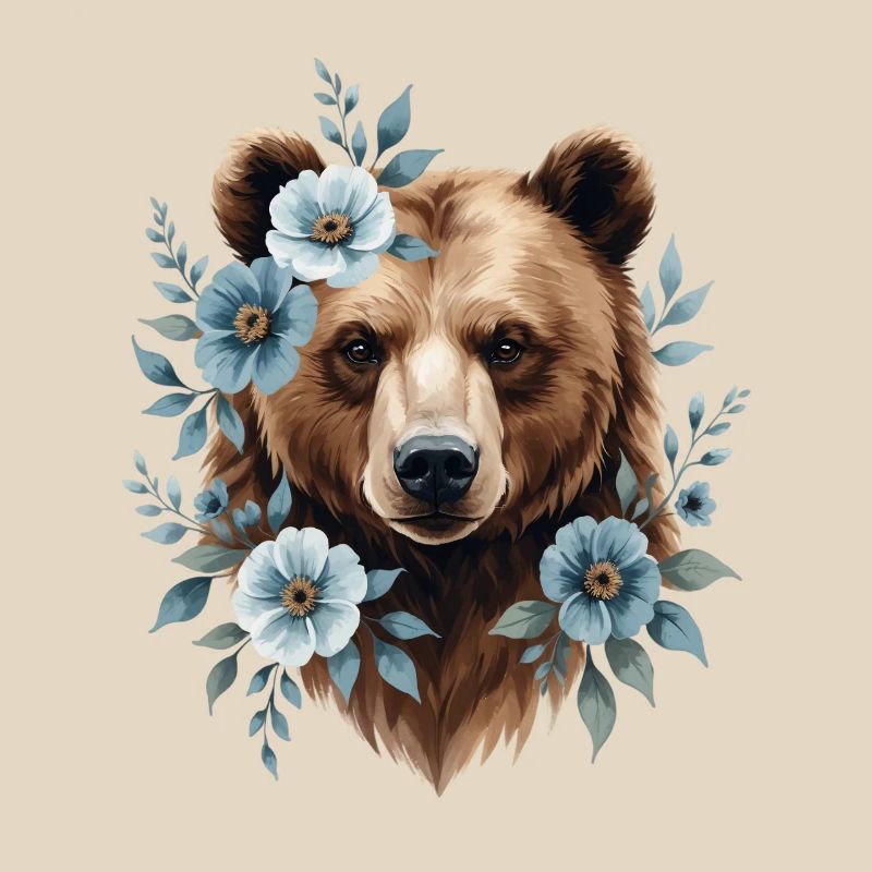 Ours avec cadre de fleurs bleues