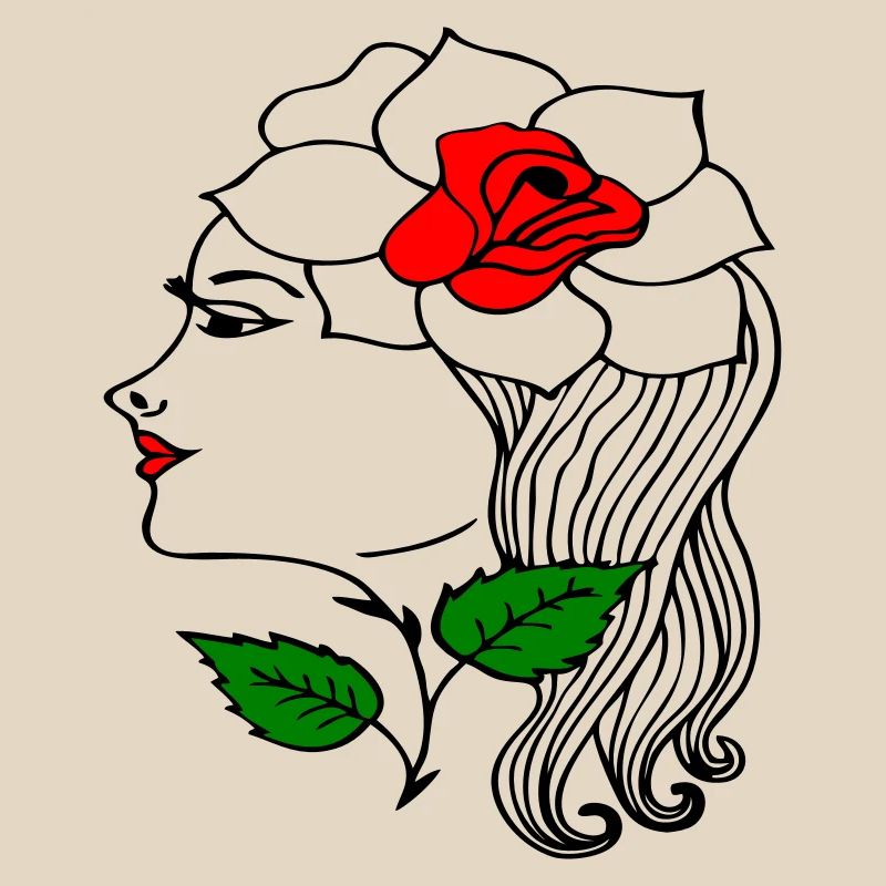Frauenkopf mit Rose im Haar