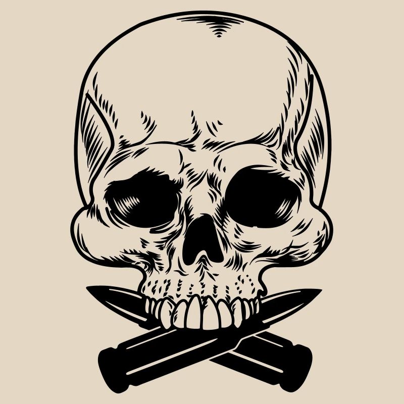 Skull with two bullets crossed under the teeth