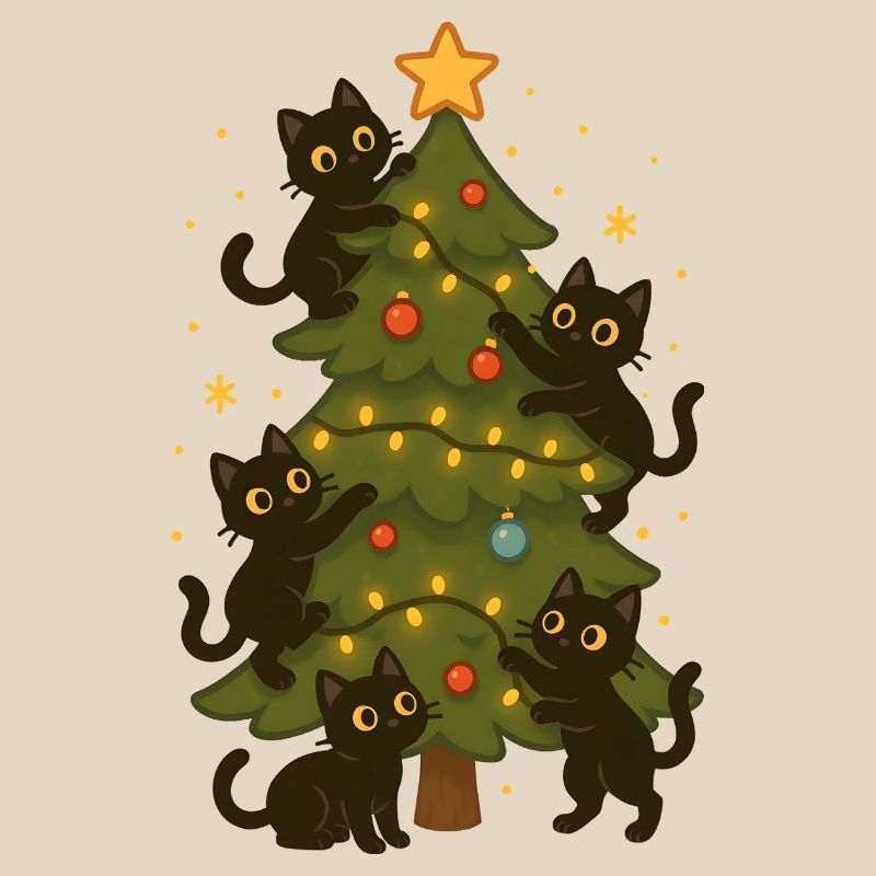 Cats Decorating Christmas Tree Fun Design