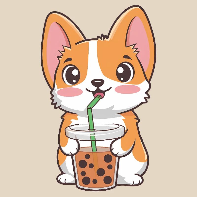 Cute Corgi with Bubble Tea
