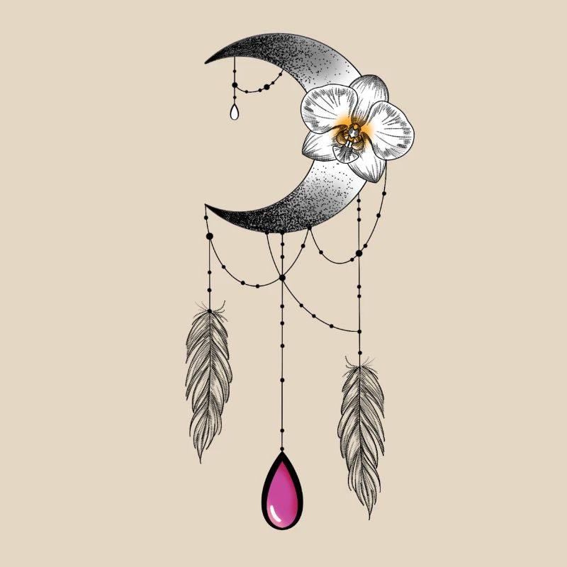 Lune orchidée plume et perle type attrape rêve 