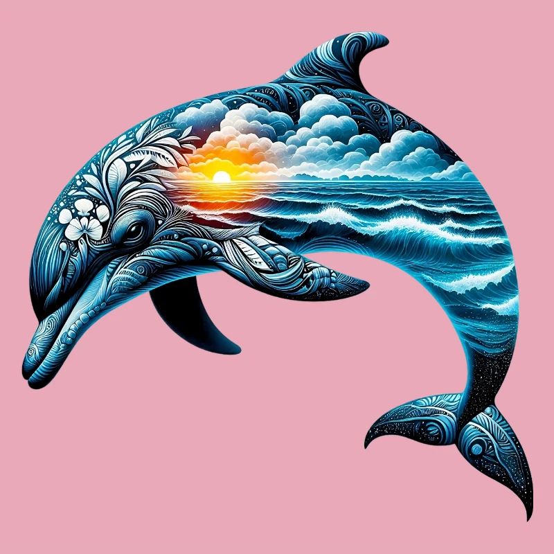 Decorated dolphin painted with a seascape
