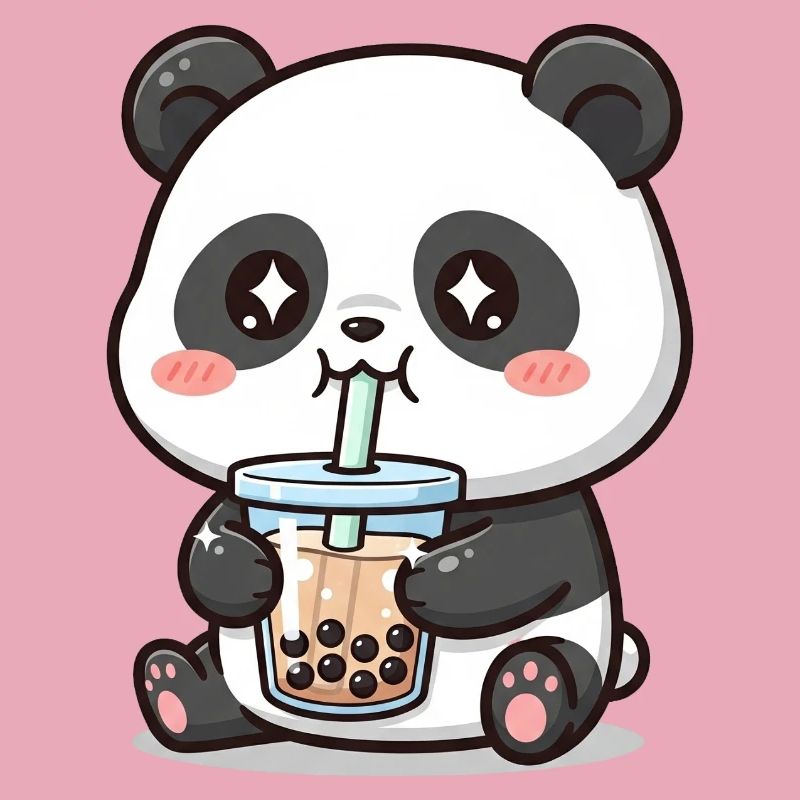 Cuddly panda bear with bubble tea