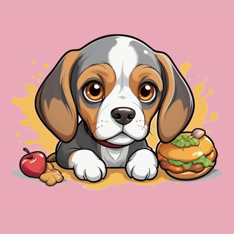 Petit chiot Beagle avec pomme et hamburger