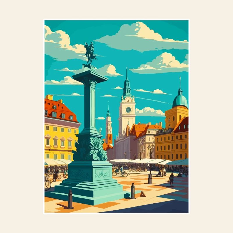 Affiche de voyage rétro dans le paysage urbain de Varsovie, Pologne