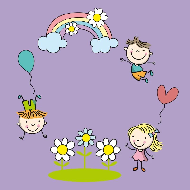Fröhliche Kinder mit Regenbogen Blumen Luftballon 