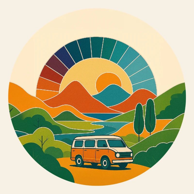 Retro Landschaft mit Van – Reise im Sonnenbogen