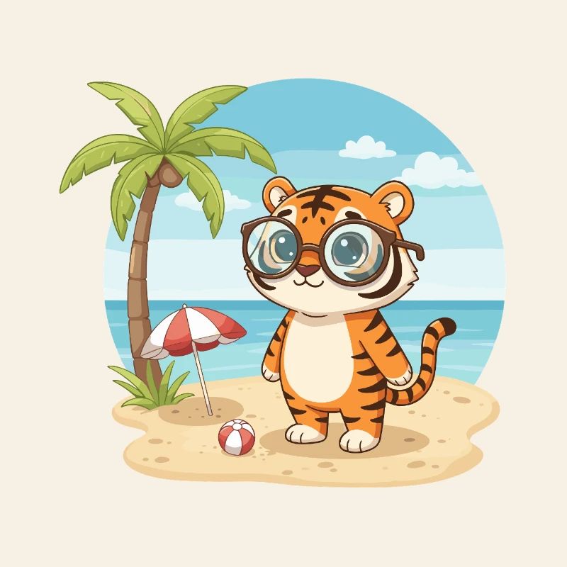 Cute Tiger with Glasses Beach Summer Vacation