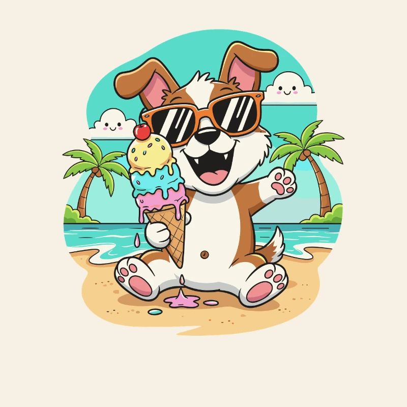 Strandhund mit Eis und Sonnenbrille