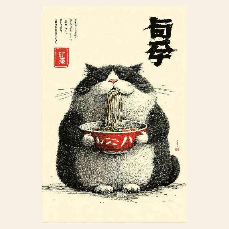 Neko Noodle Feast in Ukiyo-e Style