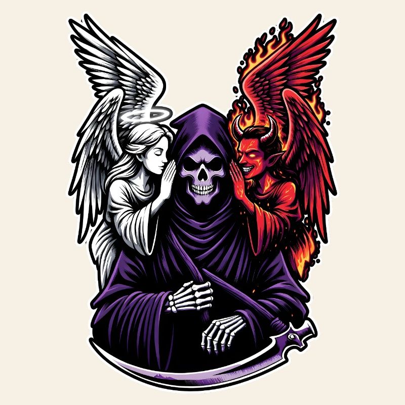 Sensenmann mit Engel und Dämon