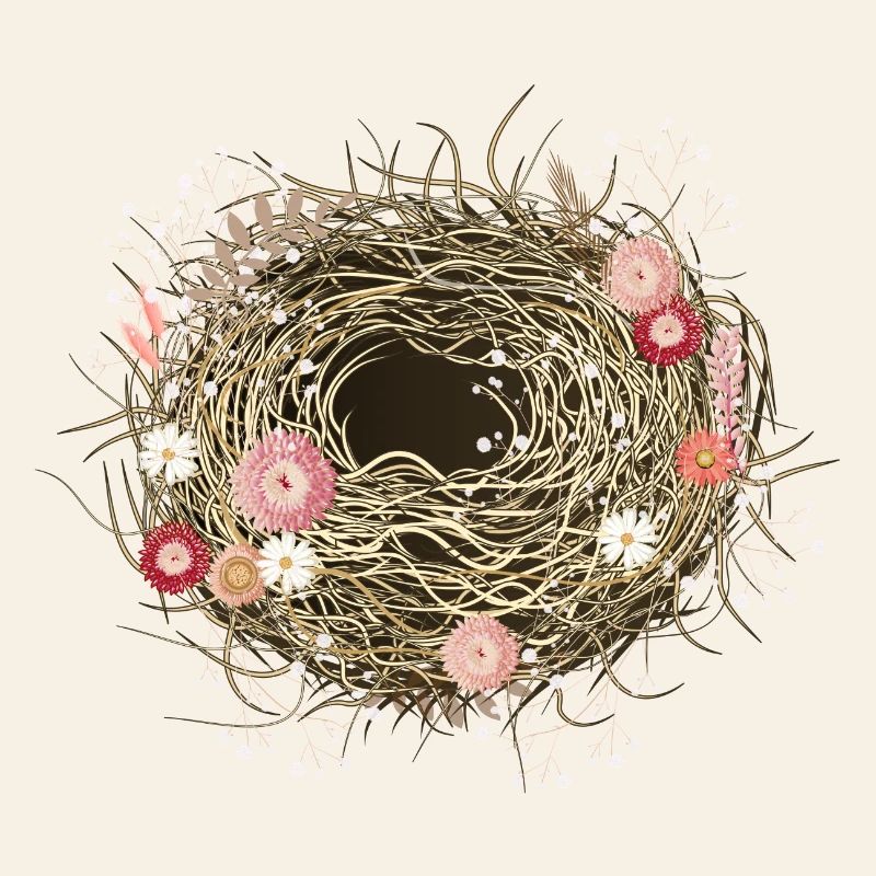 leeres Vogelnest oder Osternest mit Trockenblumen