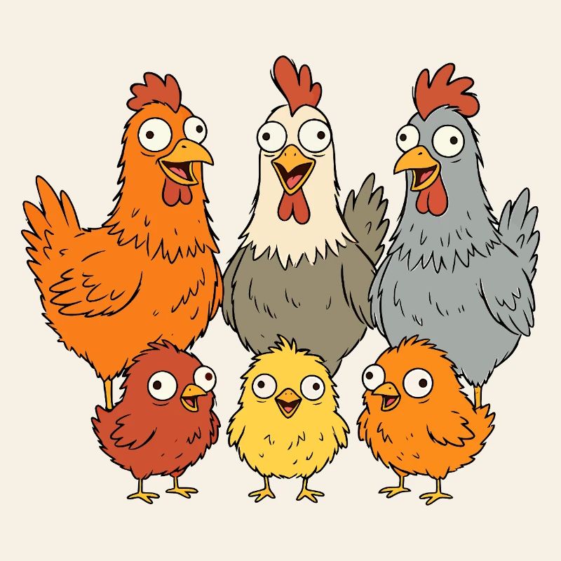 Funny chickens, roosters and chicks