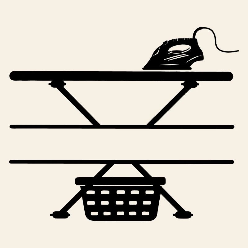 Fer à repasser, planche à repasser et panier à linge, bannière de texte