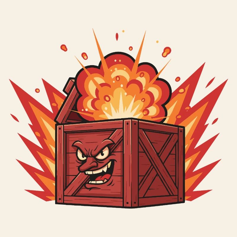 Exploding wooden box with a grim face