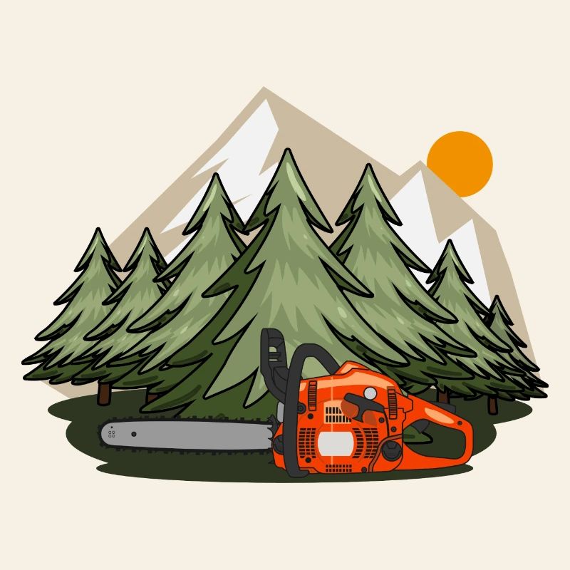 Chainsaw with forest and mountains