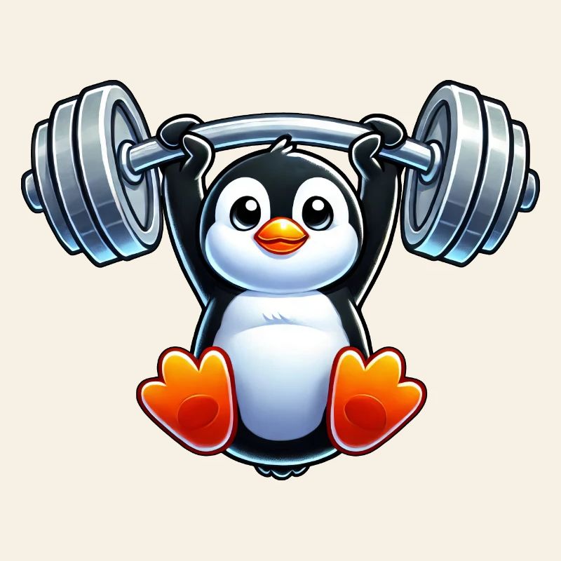 Cute cartoon penguin with dumbbell pull-up head