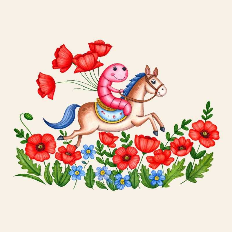 Un ver de terre sur un cheval dans un champ de coquelicots