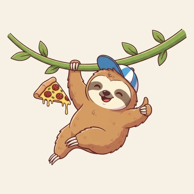 Cute sloth with pizza and cap