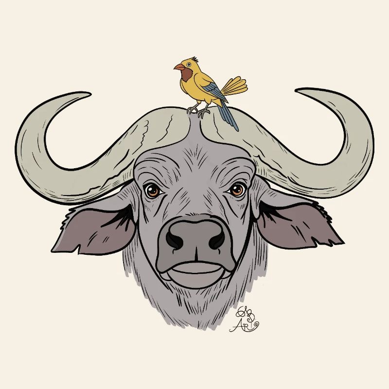 Stämmiger Büffel mit Singvogel