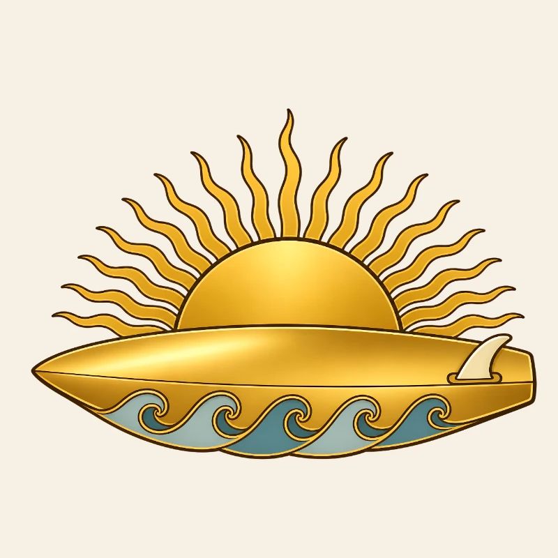 Soleil doré avec planche de surf et vagues de mer