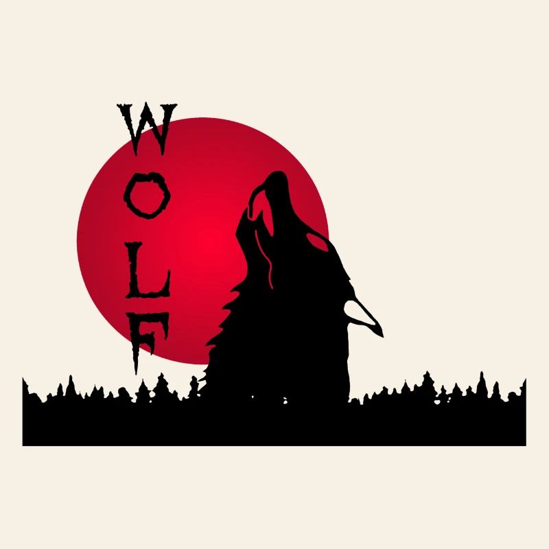 Black wolf, forest and sunset