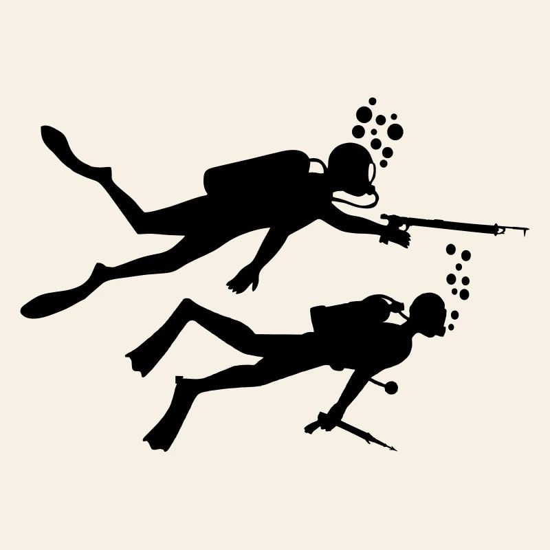 Two underwater divers with harpoons
