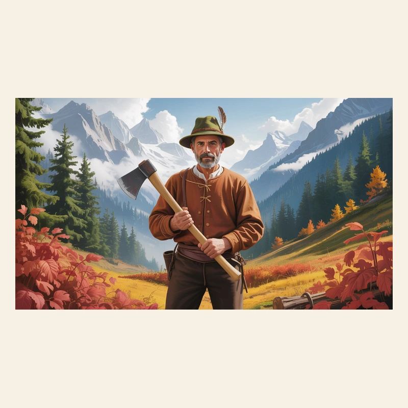 Lumberjack with axe in autumn landscape