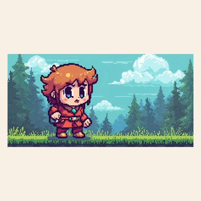 Héros pixel dans la scène du jeu d’aventure en forêt