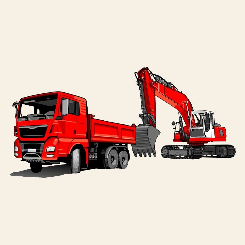 Construction site with excavator and dump truck