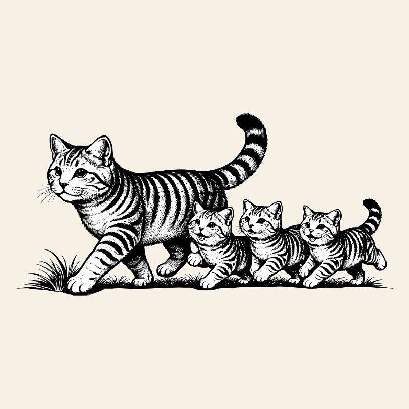 Mère chatte avec 3 chatons, noir et blanc