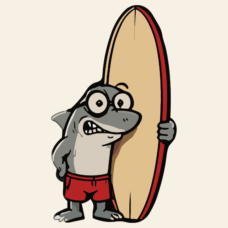 Dessin animé requin surfeur avec planche de surf