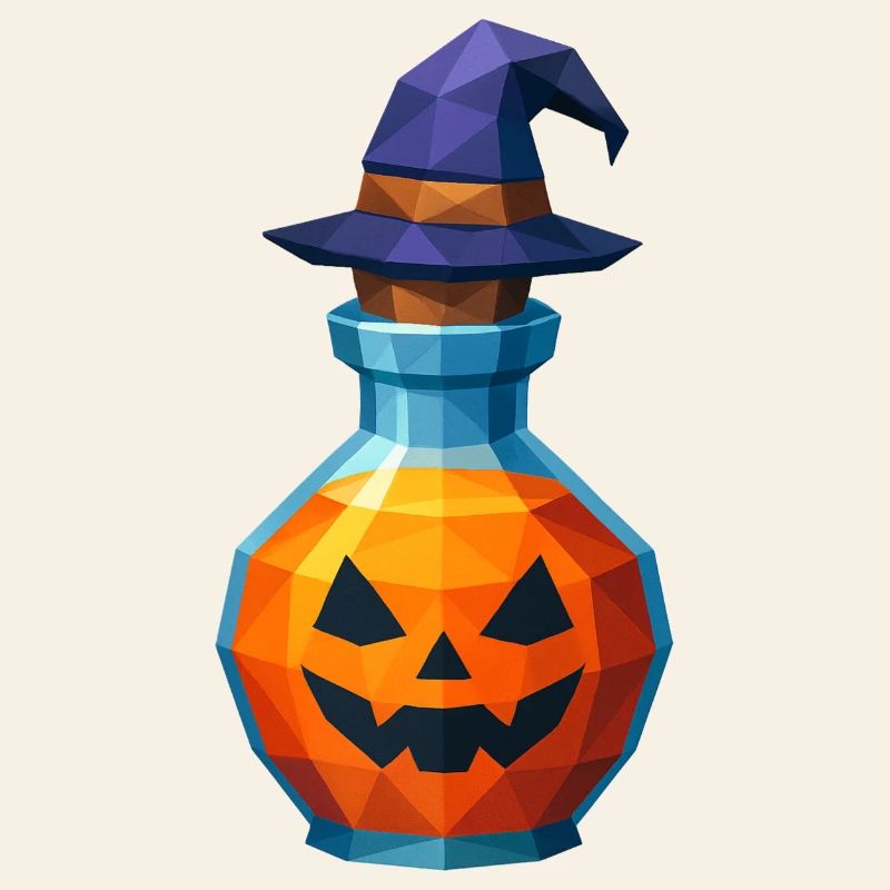 Low poly pumpkin in a witch vial
