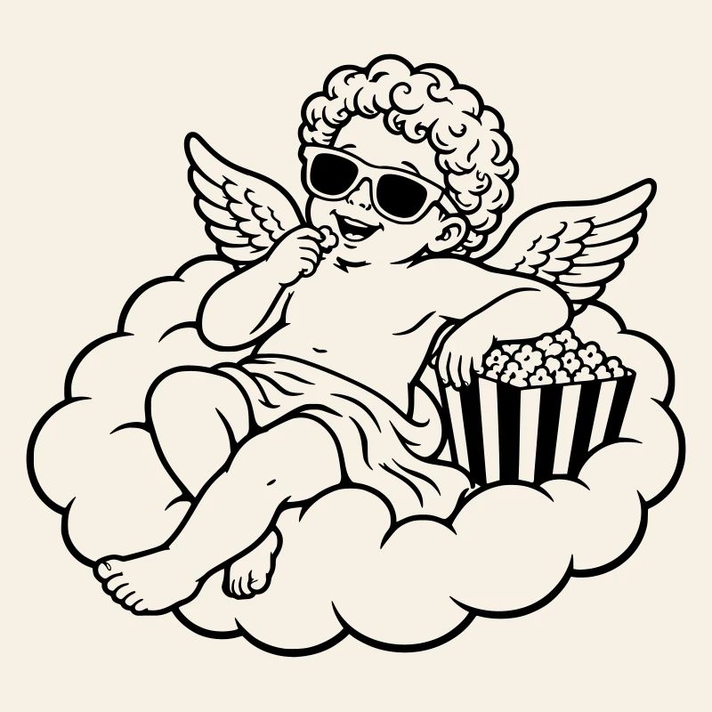 Un chérubin frissonne avec du pop-corn sur un nuage