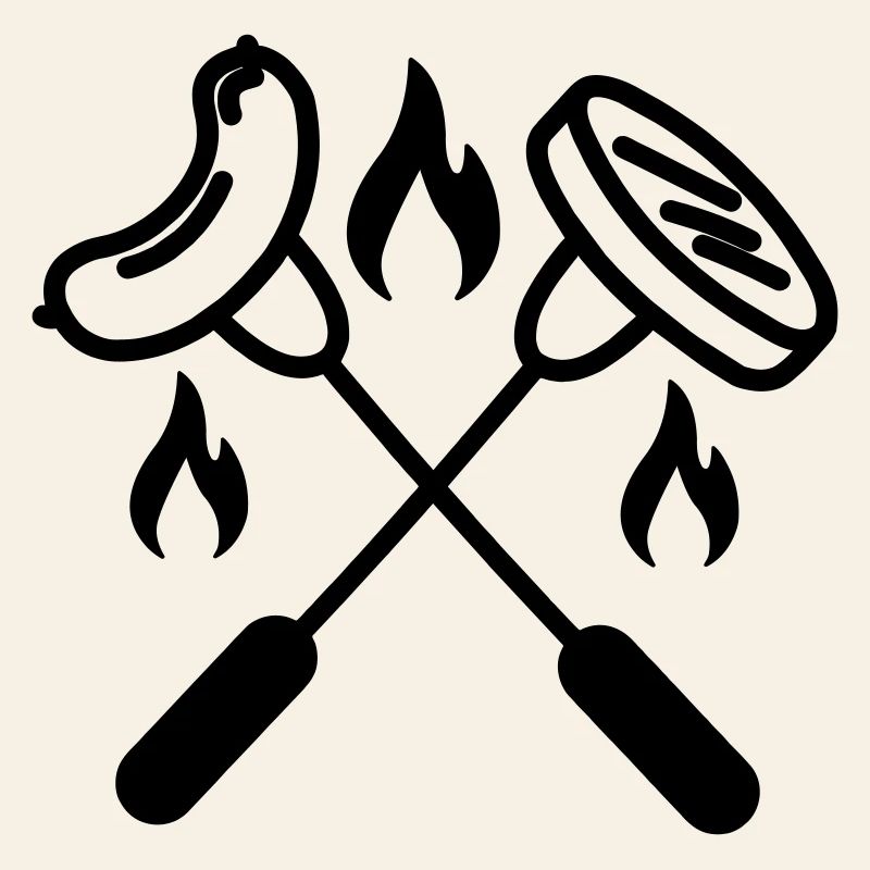 Two crossed forks with sausage and hamburger