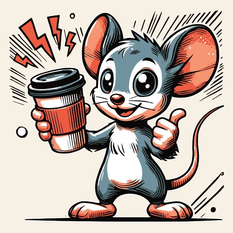 Dessin animé d’une souris joyeuse avec du café