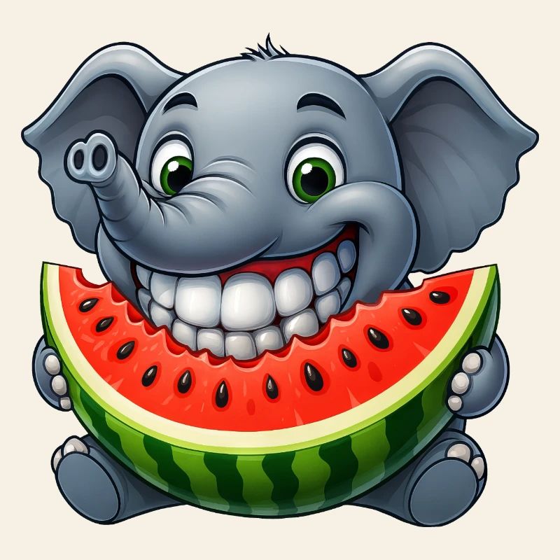 Fröhlicher Elefant mit Melone Obst Sommer Grinsen